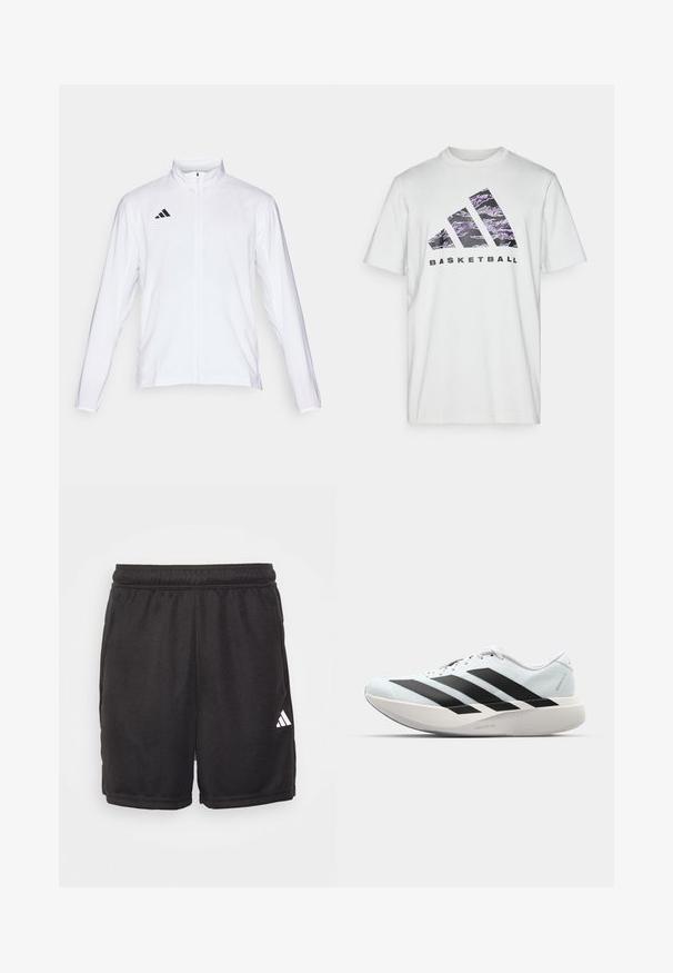 Valge sportlik jakk pikkade varrukatega, kõrge krae ja täispikk lukuga. Omab musta kolme triibu logo vasakul ülal.; Valge puuvillane T-särk lühikeste varrukatega, millel on lilla ja must graafiline trükk, kus on kujutatud kolme triipu ja sõna "KORVPALL".; Mustavad sporditrikoodid, mis on valmistatud siledast kangast, millel on elastne vöökoht, küljetaskud ja valge Adidas logo alumises paremas nurgas.; Kerged jooksujalatsid helesinises värvuses mustade triipudega. Omavad siledat pealispinda, ümarat varvase osa ja paksu valget vahemõõtu, millel on silt "LIGHTSTRIKE PRO".