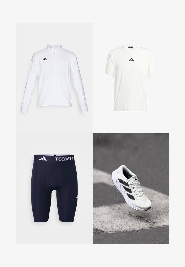 Giacca atletica bianca con maniche lunghe, colletto alto e zip lungo. Presenta il logo nero a tre strisce sul lato sinistro superiore.; T-shirt bianco a maniche corte realizzato in tessuto leggero, con colletto a girocollo e un logo grigio scuro sul petto. Tessuto liscio, vestibilità casual.; Shorts atletici TECHFIT blu navy con design aderente, vita elastica con branding bianco e tessuto liscio e elastico.; Scarpa sportiva bianca con tomaia in rete testurizzata, strisce nere, chiusura con lacci e suola ammortizzata, che levita sopra una superficie stradale segnata.