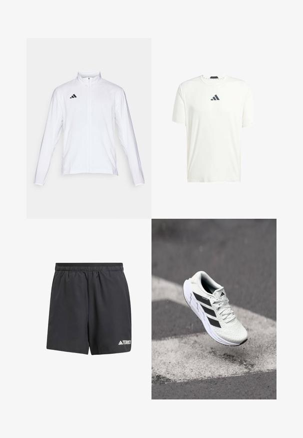 Casaco atlético branco com mangas longas, gola alta e fecho de correr completo. Apresenta o logo preto de três riscas no lado superior esquerdo.; T-shirt branca de mangas curtas feita de tecido leve, com decote redondo e um logótipo cinza escuro no peito. Textura suave, ajuste casual.; Calções atléticos pretos feitos de material leve. Apresentam uma cintura elástica e um logo branco "TERREX" na perna inferior esquerda.; Shoe atlético branco com parte superior em malha texturizada, riscas pretas, fecho de atacadores e sola almofadada, a flutuar acima de uma superfície de estrada marcada.