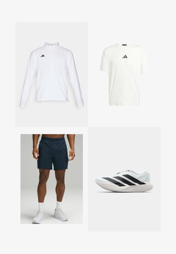 Bílá sportovní bunda s dlouhými rukávy, vysokým límcem a zipem po celé délce. Na horní levé straně je umístěno logo se třemi černými pruhy.; Bílý krátký rukáv tričko vyrobené z lehkého materiálu s kulatým výstřihem a tmavě šedým logem na hrudi. Hladký povrch, volný střih.; lululemon PACE BREAKER LINED 18CM - Sportovní kraťasy - true navy; Lehké běžecké boty v světle modré barvě s černými pruhy. Mají hladký svršek, kulatou špičku a silnou bílou mezipodešev označenou "LIGHTSTRIKE PRO."