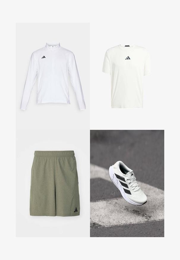 Balta sportinė striukė ilgomis rankovėmis, aukštu kaklu ir pilnu užtrauktuku. Viršutiniame kairiajame kampe yra juodas trijų juostelių logotipas.; Baltas trumpas rankovėmis marškinėliai, pagaminti iš lengvos medžiagos, su apvalia iškirpte ir tamsiai pilku logotipu ant krūtinės. Lygus paviršius, laisvalaikio stiliaus pritaikymas.; Olivinės spalvos sportinės šortai, pagaminti iš tekstūruoto audinio, su elastinga juosmens juosta ir juodu logotipu apatiniame kairiajame šone.; Balti sportiniai batai su tekstūruota tinkleliu viršuje, juodomis juostelėmis, su raištelių uždarymu ir paminkštintu padu, kabo virš pažymėtos kelio dangos.