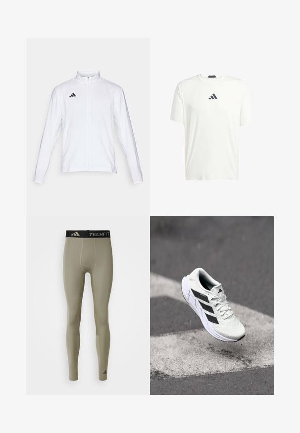 Witte sportjack met lange mouwen, hoge kraag en volledige ritssluiting. Kenmerkt zich door het zwarte drie-streepjeslogo aan de bovenkant aan de linkerkant.; Witte t-shirt met korte mouwen, gemaakt van lichtgewicht stof, met een ronde hals en een donkergrijs logo op de borst. Glad textuur, casual pasvorm.; adidas Performance TF BASE - Tights - silver pebble; Witte sportschoen met een textuur van mesh, zwarte strepen, vetersluiting en een gevoerde zool, zwevend boven een gemarkeerd wegoppervlak.