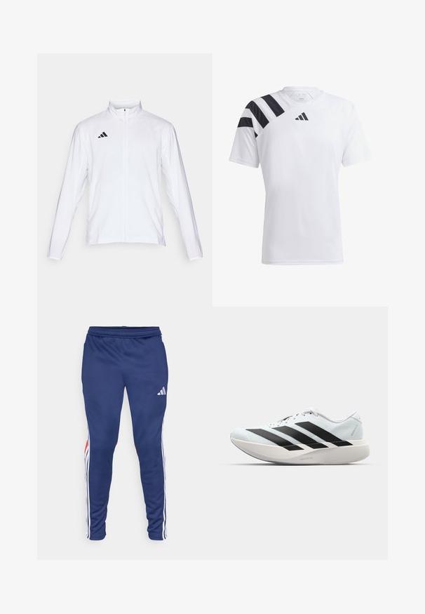 Bijela sportska jakna dugih rukava, s visokim ovratnikom i punim patentnim zatvaračem. Ima crni logo s tri pruge na gornjoj lijevoj strani.; Bijela lagana atletska majica s crnim prugama na lijevom ramenu i crnim logotipom na prsima. Kratki rukavi, dizajn s običnim ovratnikom.; Mornarice atletske hlače s bijelim bočnim prugama i crvenim detaljima. Izrađene od glatkog materijala s elastičnom gumicom u struku za udobnost. Sadrže Adidas logo.; Lagane tenisice za trčanje u svijetloplavoj boji s crnim trakama. Imaju glatku gornju površinu, okrugli vrh i debeli bijeli srednji sloj označen "LIGHTSTRIKE PRO."