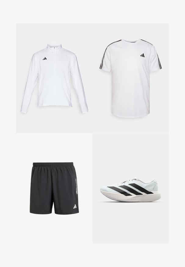 Veste de sport blanche à manches longues, col haut et fermeture éclair sur toute la longueur. Présente un logo noir à trois bandes sur le côté supérieur gauche.; T-shirt blanc en coton avec un col rond, des manches courtes et des accents noirs à trois rayures sur les épaules ; présente un petit logo noir.; Shorts de sport noirs avec une taille élastique, une courte entrejambe et des accents de logo blancs sur les côtés. Fabriqués en tissu léger.; Baskets de course légères en bleu pâle avec des rayures noires. Elles présentent un dessus lisse, un embout rond et une semelle intermédiaire blanche épaisse étiquetée "LIGHTSTRIKE PRO".