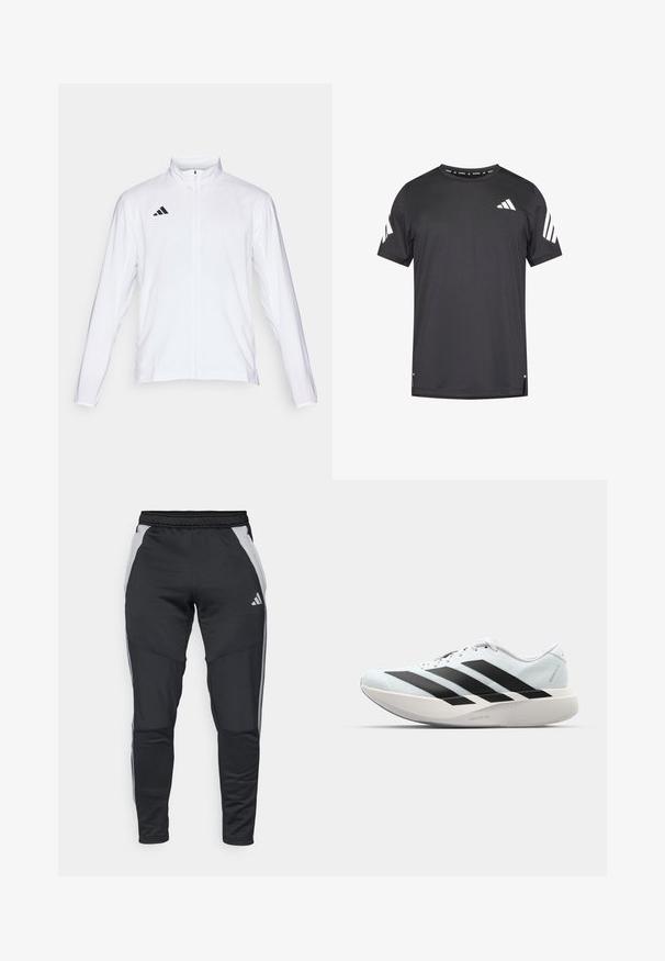 Valkoinen urheilutakki pitkillä hihoilla, korkea kaulus ja vetoketju koko pituudeltaan. Oikeassa yläreunassa musta kolmiraidallinen logo.; Musta lyhythihainen urheilupaita, jossa valkoiset kolmiraitakoristeet olkapäillä ja pyöreä kaula-aukko. Kevyt kangas, rento istuvuus.; Mustat urheiluhousut, jotka on valmistettu teksturoidusta kankaasta. Housuissa on harmaat sivupaneelit, joustava vyötärö ja kolme valkoista korostusraitaa sivuilla.; Kevyt juoksukengät vaaleansinisinä mustilla raidoilla. Ominaisuuksiin kuuluu sileä pinta, pyöreä kärki ja paksu valkoinen välipohja, joka on merkitty "LIGHTSTRIKE PRO".