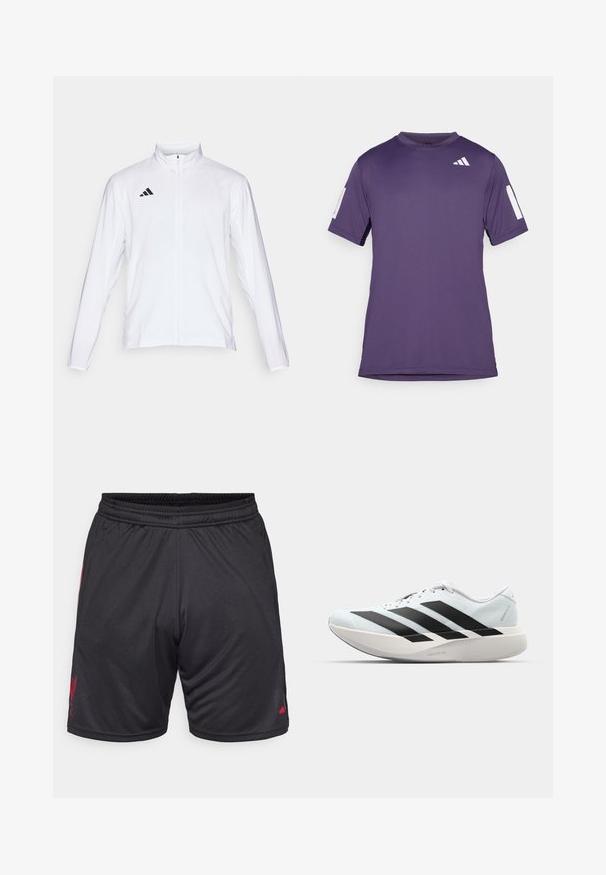 Chaqueta atlética blanca con mangas largas, cuello alto y cremallera completa. Presenta el logotipo de tres franjas en negro en la parte superior izquierda.; Camiseta deportiva de manga corta de color púrpura, hecha de una tela suave, con acentos blancos en las mangas y el pecho, cuello redondo y corte relajado.; Pantalones cortos deportivos negros con una cinturilla elástica, presentan un logo rojo en el lateral y están hechos de una tela suave y ligera. No se observan bolsillos.; Zapatillas de running ligeras en azul pálido con rayas negras. Presentan una parte superior suave, puntera redonda y una gruesa mediasuela blanca etiquetada como "LIGHTSTRIKE PRO".