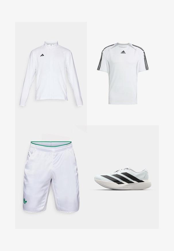 Balta sporta jaka ar garām piedurknēm, augstu apkakli un pilna garuma rāvējslēdzēju. Uz augšējās kreisās puses ir melna trīslīniju logo.; Balts īsām piedurknēm sporta krekls ar melnā Adidas trīs svītru akcentiem uz pleciem, izgatavots no gludas, vieglas auduma.; Baltie sporta šorti ar zaļu jostu un zaļu Adidas trīsfaldīgu logotipu. Izgatavoti no gludas, vieglas auduma, ar sānu kabatām.; Gaiši zili vieglie skriešanas apavi ar melniem svītrainiem. Iezīmēti ar gludu augšpusi, apaļu purngalu un biezāko balto vidējo zoli, kurā ir uzraksts "LIGHTSTRIKE PRO."
