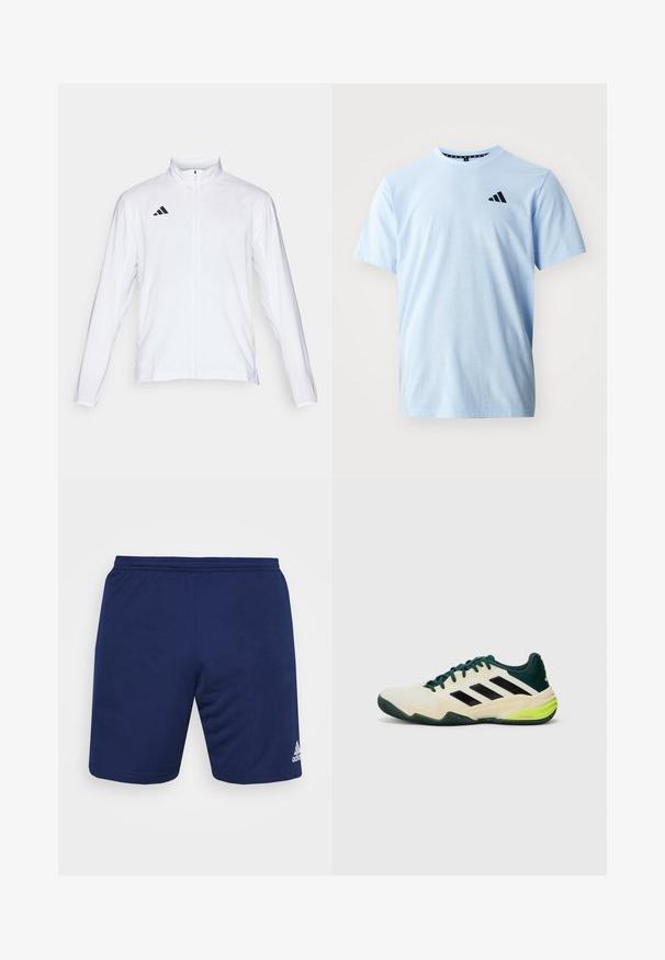 White athletic jacket with long sleeves, high collar, and full-length zipper. Features black three-stripe logo on the upper left side.; Light blue cotton t-shirt with short sleeves, round neck, and black logo detail on the chest. Smooth texture and relaxed fit.; Navy athletic shorts made of breathable fabric. Features an elastic waistband and the Adidas logo in white on the bottom right side.; Tennis shoes with a cream upper, black stripes, green accents, and a textured rubber sole for grip. Constructed from synthetic materials.