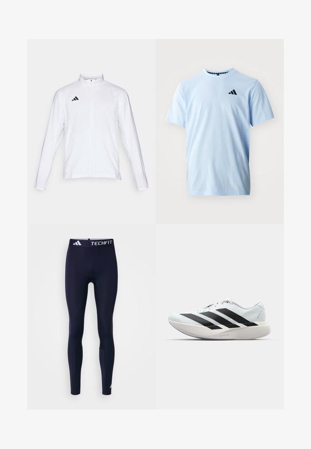 Veste de sport blanche à manches longues, col haut et fermeture éclair sur toute la longueur. Présente un logo noir à trois bandes sur le côté supérieur gauche.; T-shirt en coton bleu clair avec des manches courtes, col rond et détail de logo noir sur la poitrine. Texture lisse et coupe décontractée.; Leggings de sport Techfit en bleu marine, fabriqués en tissu extensible. Dotés d'une taille large avec logo, d'une texture lisse et d'un design ajusté.; Baskets de course légères en bleu pâle avec des rayures noires. Elles présentent un dessus lisse, un embout rond et une semelle intermédiaire blanche épaisse étiquetée "LIGHTSTRIKE PRO".
