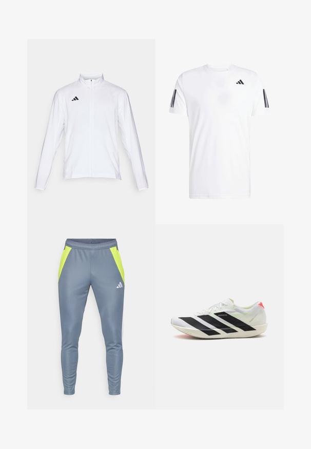 Balta sporta jaka ar garām piedurknēm, augstu apkakli un pilna garuma rāvējslēdzēju. Uz augšējās kreisās puses ir melna trīslīniju logo.; Balts T-krekls, kas izgatavots no auduma, ar īsām piedurknēm, apaļu kakla izgriezumu un trim melniem diagonāliem svītrām katrā piedurknē. Diskrēts logo uz krūtīm.; Pelēki sporta bikses ar neona dzelteniem sānu paneļiem, elastīgu jostu, sašaurinātu kāju dizainu un atstarotāju logotipu priekšā.; Baltas sporta apavs ar melnām diagonālām svītrām, viegla acu auduma materiāls, zaļi akcenti un sarkans papēža cilpiņa; izceļas ar plūstošu, iegarenu dizainu.