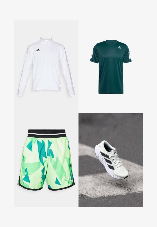 Weiße Sportjacke mit langen Ärmeln, hohem Kragen und durchgehendem Reißverschluss. Mit schwarzem Drei-Streifen-Logo auf der oberen linken Seite.; Dunkelgrünes Sport-T-Shirt aus feuchtigkeitsableitendem Material, mit Rundhalsausschnitt, kurzen Ärmeln und weißen Logoakzenten auf den Schultern.; Limegrüne Shorts mit einem geometrischen türkisfarbenen Muster, ausgestattet mit einem schwarzen elastischen Bund mit weißen Streifen und schwarzen Seitenelementen.; Weiße Sportschuh mit strukturiertem Mesh-Obermaterial, schwarzen Streifen, Schnürverschluss und gepolstertem Sohlen, schwebt über einer markierten Straßenoberfläche.