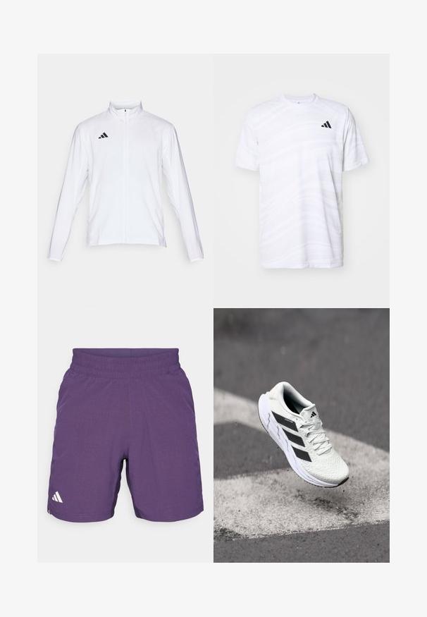 Weiße Sportjacke mit langen Ärmeln, hohem Kragen und durchgehendem Reißverschluss. Mit schwarzem Drei-Streifen-Logo auf der oberen linken Seite.; Weißes sportliches T-Shirt mit subtilen Wellenmustern, Rundhalsausschnitt, kurzen Ärmeln und einem schwarzen Dreistreifen-Logo auf der linken Brust.; Lila Sportshorts aus atmungsaktivem Material, mit einem elastischen Bund und einem weißen Logo-Akzent auf der linken Seite.; Weiße Sportschuh mit strukturiertem Mesh-Obermaterial, schwarzen Streifen, Schnürverschluss und gepolstertem Sohlen, schwebt über einer markierten Straßenoberfläche.