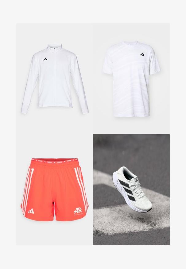 Weiße Sportjacke mit langen Ärmeln, hohem Kragen und durchgehendem Reißverschluss. Mit schwarzem Drei-Streifen-Logo auf der oberen linken Seite.; Weißes sportliches T-Shirt mit subtilen Wellenmustern, Rundhalsausschnitt, kurzen Ärmeln und einem schwarzen Dreistreifen-Logo auf der linken Brust.; Rote Laufshorts mit einem weißen Drei-Streifen-Design an den Seiten, elastischem Bund mit dem Text "RUNNING" und dem "AR"-Logo auf der Vorderseite.; Weiße Sportschuh mit strukturiertem Mesh-Obermaterial, schwarzen Streifen, Schnürverschluss und gepolstertem Sohlen, schwebt über einer markierten Straßenoberfläche.