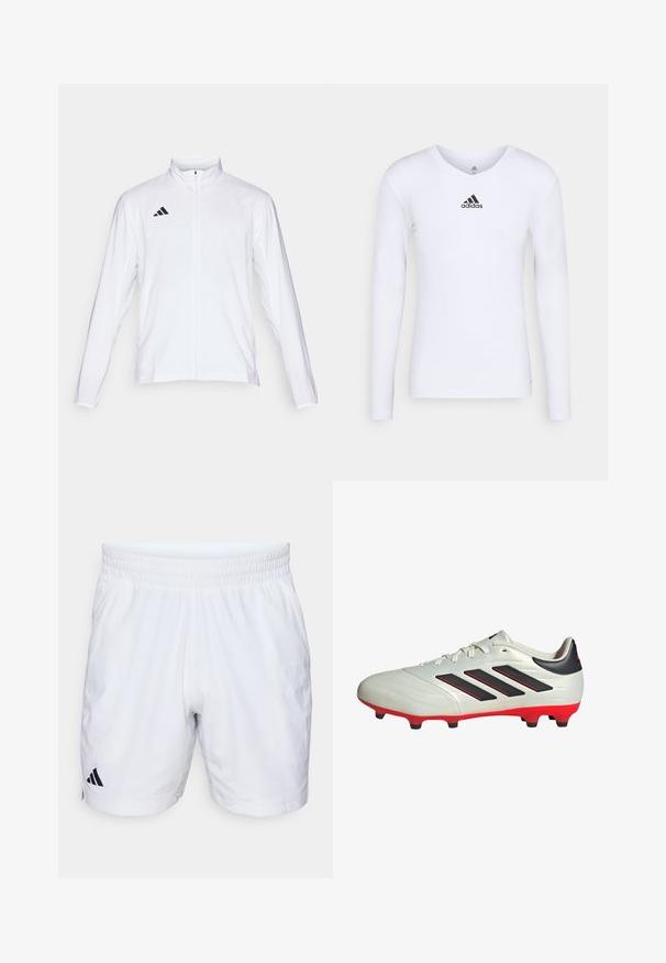 Weiße Sportjacke mit langen Ärmeln, hohem Kragen und durchgehendem Reißverschluss. Mit schwarzem Drei-Streifen-Logo auf der oberen linken Seite.; Langärmliges weißes Sportshirt aus glattem Material mit einem schwarzen Adidas-Logo auf der Brust; V-Ausschnitt-Design und figurbetonte Form.; Weiße Sportshorts mit einem elastischen Bund, aus einem strukturierten Stoff und mit einem schwarzen Adidas-Logo auf der unteren linken Seite.; Weißer Fußballschuh mit schwarzen Akzenten und roter Sohle. Verfügt über drei schwarze Streifen an der Seite und ein glattes Obermaterial.
