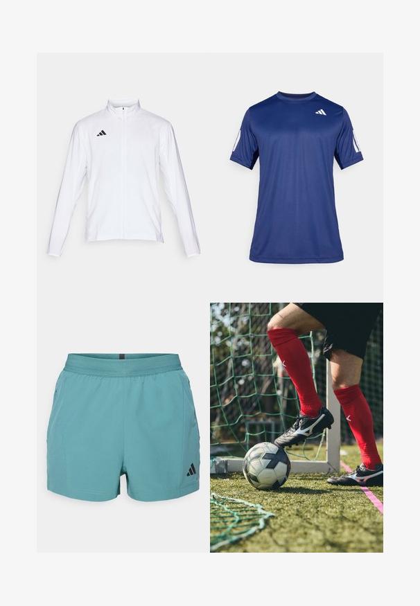 Balta sportinė striukė ilgomis rankovėmis, aukštu kaklu ir pilnu užtrauktuku. Viršutiniame kairiajame kampe yra juodas trijų juostelių logotipas.; Tamsiai mėlyna trumpa rankovė sportinė marškinė, pagaminti iš lygios medžiagos, su apvalia iškirpte ir balto logo detale viršutiniame kairiajame krūtinės kampe.; Tamsiai mėlyni atletiniai šortai su tekstūruotu juosmeniu, šoninėmis kišenėmis ir juodu Adidas logotipu apatiniame dešiniajame kampe. Lengvas audinys.; Juodi futbolo batai su sidabro akcentais ant žolės, raudonos kojinės ir juodai baltas futbolo kamuolys, padėtas po pėda.