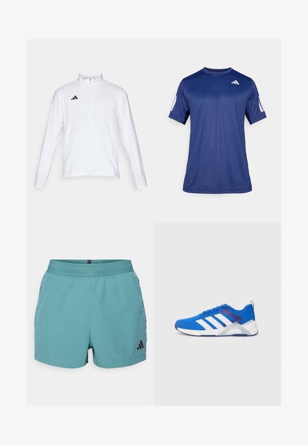 Biała sportowa kurtka z długimi rękawami, wysokim kołnierzem i pełnym zamkiem błyskawicznym. Posiada czarną logo z trzema paskami po lewej stronie u góry.; Granatowa koszulka sportowa z krótkim rękawem, wykonana z gładkiego materiału, z okrągłym dekoltem i białym logo na lewej górnej stronie klatki piersiowej.; Turkusowe szorty sportowe z teksturowanym paskiem w talii, bocznymi kieszeniami oraz czarnym logo Adidas na dolnym prawym boku. Wykonane z lekkiego materiału.; Niebieskie buty sportowe wykonane z oddychającej siateczki z białymi paskami, teksturowanym noskiem oraz amortyzowaną podeszwą dla wsparcia i przyczepności.