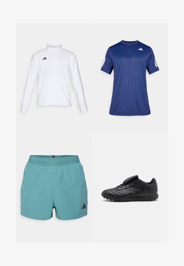 Veste de sport blanche à manches longues, col haut et fermeture éclair sur toute la longueur. Présente un logo noir à trois bandes sur le côté supérieur gauche.; T-shirt de sport à manches courtes bleu marine en tissu lisse, avec un col rond et un détail de logo blanc sur le haut à gauche de la poitrine.; Shorts de sport bleu-vert avec une taille texturée, des poches latérales et un logo Adidas noir en bas à droite. Tissu léger.; Chaussures de foot synthétiques noires avec une tige texturée, dotées d'un système de laçage, d'une languette rembourrée et d'une semelle extérieure à crampons en caoutchouc pour une meilleure traction.