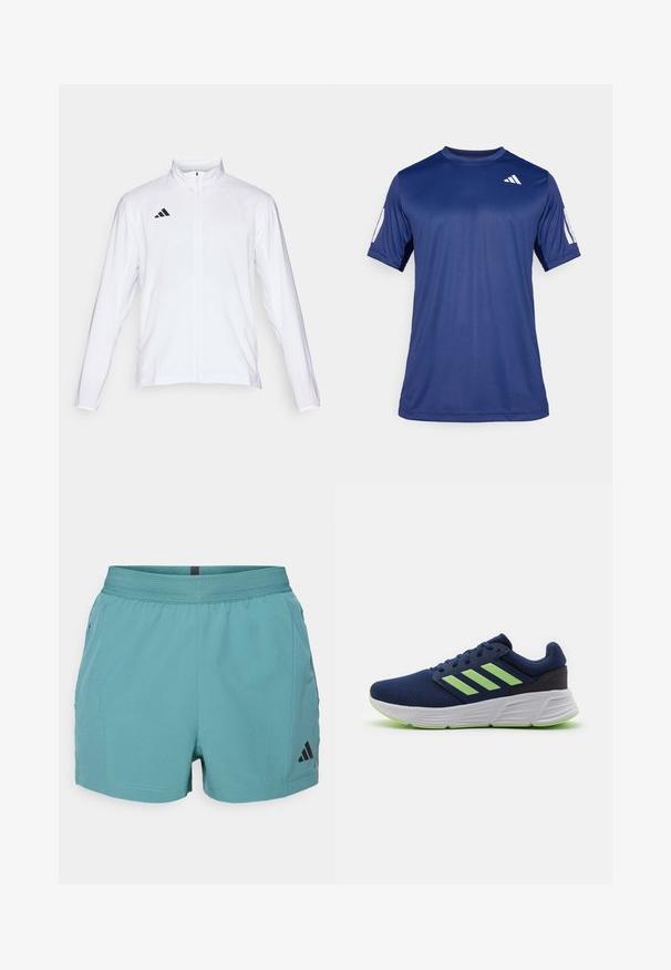 Giacca atletica bianca con maniche lunghe, colletto alto e zip lungo. Presenta il logo nero a tre strisce sul lato sinistro superiore.; Maglietta atletica blu navy a maniche corte realizzata in tessuto morbido, con scollatura a girocollo e dettaglio del logo bianco sulla parte superiore sinistra del petto.; Pantaloni sportivi teal con cintura testurizzata, tasche laterali e logo Adidas nero sul lato inferiore destro. Tessuto leggero.; Scarpe da corsa in rete blu navy con accenti verdi, tre strisce bianche, suola imbottita e tomaia testurizzata per traspirabilità e supporto.