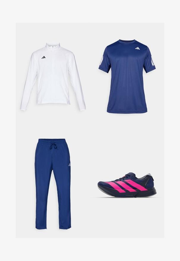Valge sportlik jakk pikkade varrukatega, kõrge krae ja täispikk lukuga. Omab musta kolme triibu logo vasakul ülal.; Tume sinine lühikeste varrukatega spordisärk, mis on valmistatud siledast kangast, ümmarguse kaelaauguga ja valge logoga vasakul ülemisel rinnaosal.; Tumesinine sportlikud püksid, millel on elastne vöökoht ja nöör. Küljel on diskreetne logo ja sääreõmblustes lukuga avad.; adidas Performance ADIZERO ADIOS PRO 4 - Maanteejooksu jalatsid - dark blue/shock pink/dash grey