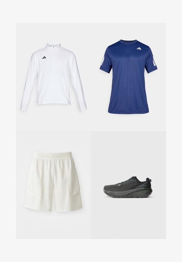 Chaqueta atlética blanca con mangas largas, cuello alto y cremallera completa. Presenta el logotipo de tres franjas en negro en la parte superior izquierda.; Camisa atlética de manga corta en azul marino, fabricada con un tejido suave, que presenta un cuello redondo y un detalle de logo blanco en la parte superior izquierda del pecho.; ASICS MATCH SHORT - Pantalón corto de deporte - cream; Zapatilla deportiva negra con parte superior de malla transpirable, suela texturizada y un diseño de media suela que proporciona soporte. Presenta detalles reflectantes.