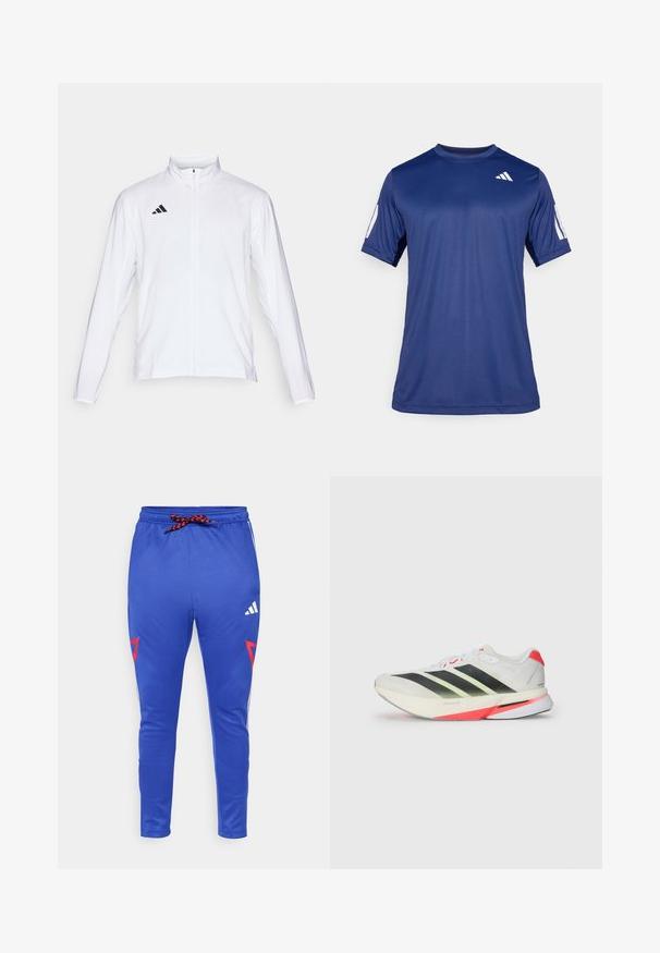 Hvid atletisk jakke med lange ærmer, høj krave og fuld lynlås. Har et sort tre-stripes logo på den øverste venstre side.; Marineblå kortærmet træningsskjorte lavet af glat stof, med rund hals og en hvid logo detalje på øverste venstre bryst.; Blå træningsbukser med snor i taljen, prydet med røde detaljer og hvide striber langs siderne. Fremstillet af blødt, let materiale.; Hvide athletic sko med sorte og neongrønne striber, strukturdesign på overdelen, røde accenter på hælen og en let ydersål.