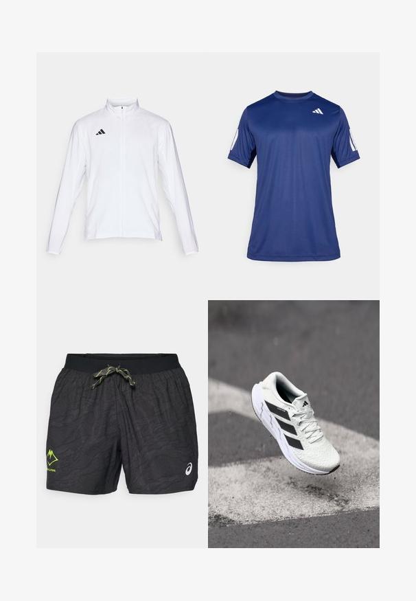 Valge sportlik jakk pikkade varrukatega, kõrge krae ja täispikk lukuga. Omab musta kolme triibu logo vasakul ülal.; Tume sinine lühikeste varrukatega spordisärk, mis on valmistatud siledast kangast, ümmarguse kaelaauguga ja valge logoga vasakul ülemisel rinnaosal.; ASICS FUJITRAIL ALL OVER PRINT SHORT MEN - Spordišortsid - performance black; Valge spordijalats tekstuurse võrgu pealmise osaga, mustade triipudega, nööriga kinnitamine ja pehmendatud tallaga, levib märgitud teepinna kohal.