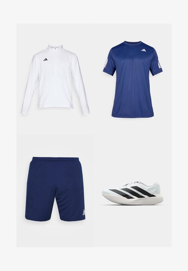 Balta sporta jaka ar garām piedurknēm, augstu apkakli un pilna garuma rāvējslēdzēju. Uz augšējās kreisās puses ir melna trīslīniju logo.; Navy zila īsām piedurknēm sporta krekls, kas izgatavots no gludas auduma, ar apaļu kakla izgriezumu un baltu logotipa detaļu kreisajā augšējā krūtīs.; Jūras spēku sporta šorti, kas izgatavoti no elpojoša auduma. Var lepoties ar elastīgu jostu un Adidas logo baltā krāsā apakšējā labajā pusē.; Gaiši zili vieglie skriešanas apavi ar melniem svītrainiem. Iezīmēti ar gludu augšpusi, apaļu purngalu un biezāko balto vidējo zoli, kurā ir uzraksts "LIGHTSTRIKE PRO."