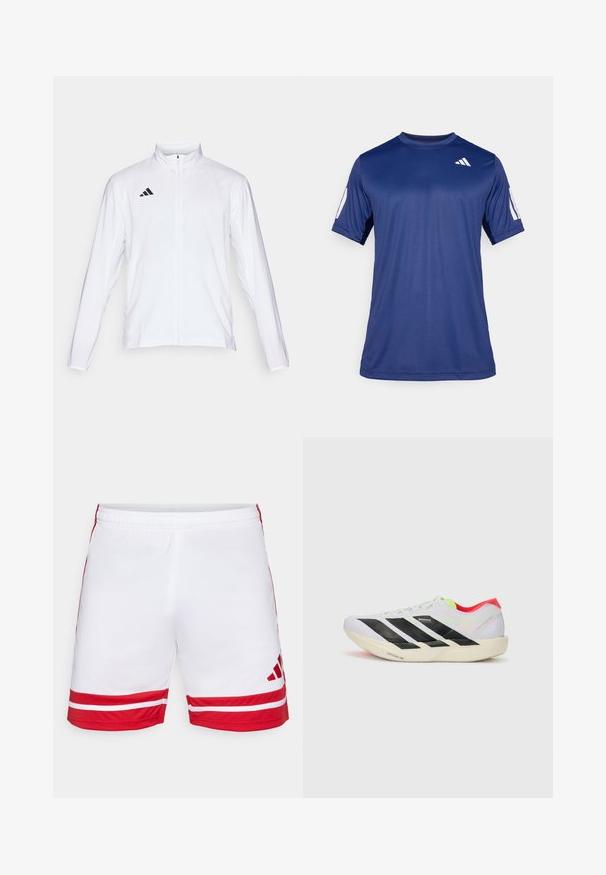 Hvit sportsjakke med lange ermer, høy krage og hel glidelås. Har svart tre-stripes logo på øvre venstre side.; Marineblå, kortermet treningstrøye laget av glatt stoff, med rund hals og en hvit logodetalj på øverste venstre bryst.; Hvite sportsshorts med røde detaljer, featuring to horisontale røde striper nederst, elastisk liv, og en logo nederst til høyre.; Hvite joggesko med svarte striper, neongrønne detaljer og rød hæl. Har et lett design og teksturert såle for grep.