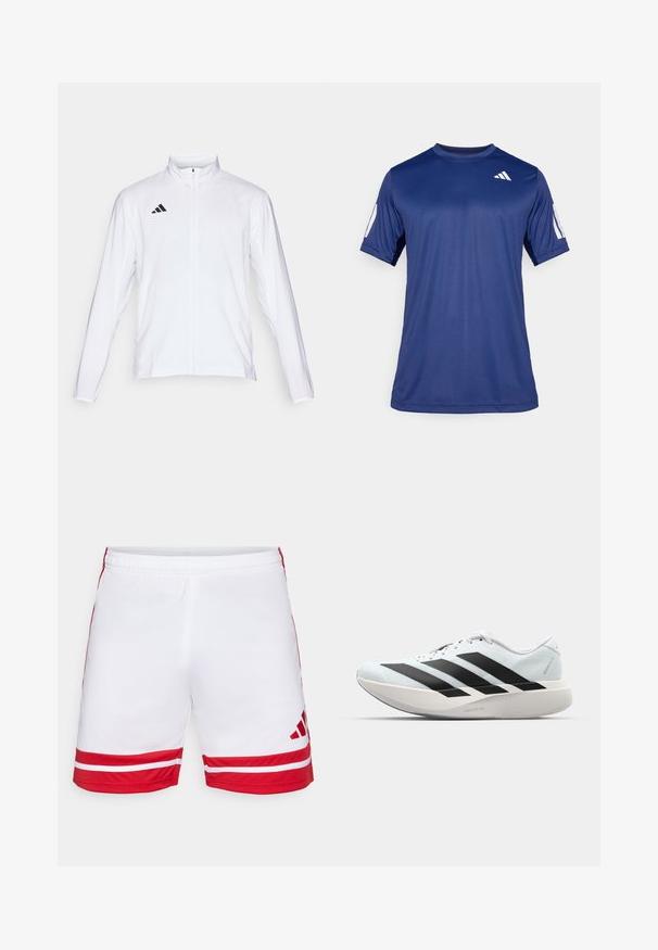 White athletic jacket with long sleeves, high collar, and full-length zipper. Features black three-stripe logo on the upper left side.; Navy blue short-sleeve athletic shirt made of smooth fabric, featuring a crew neck and a white logo detail on the upper left chest.; White sports shorts with red accents, featuring two horizontal red stripes at the hem, elastic waistband, and a logo in the lower right corner.; Lightweight running shoes in pale blue with black stripes. Features a smooth upper, round toe, and thick white midsole labeled "LIGHTSTRIKE PRO."
