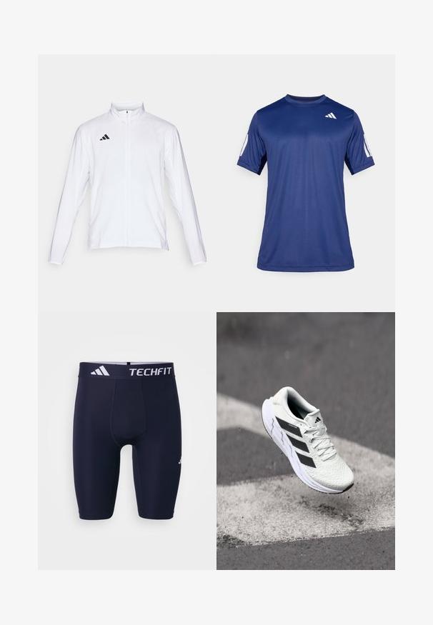 Biela atletická bunda s dlhými rukávmi, vysokým golierom a plným zipsom. Na hornej ľavej strane sa nachádza čierne logo s troma pruhmi.; Námornícky modrá športová košeľa s krátkym rukávom vyrobená z hladkej tkaniny, s okrúhlym výstrihom a bielym logom umiestneným na hornej ľavej strane hrude.; Námornícke modré šortky TECHFIT so priliehavým strihom, elastickým pásom s bielym brandingom a hladkým, pružným materiálom.; Biele športové tenisky s textúrovaným sieťovaným zvrškom, čiernymi pruhmi, šnurovaním a polstrovanou podrážkou, levitujúce nad označeným povrchom cesty.