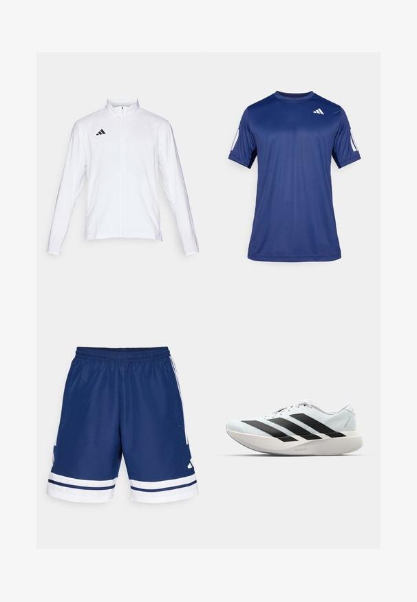 Witte sportjack met lange mouwen, hoge kraag en volledige ritssluiting. Kenmerkt zich door het zwarte drie-streepjeslogo aan de bovenkant aan de linkerkant.; Navyblauw sportshirt met korte mouwen, gemaakt van een gladde stof, met een ronde hals en een wit logodetail op de bovenste linkerborst.; Marine blauwe sportshorts met een rekbare tailleband, witte accenten en zijzakken. Kenmerkt zich door witte strepen aan de onderrand. Gemaakt van polyester.; Lichte hardloopschoenen in lichtblauw met zwarte strepen. Beschikt over een soepele bovenkant, ronde neusstuk en dikke witte tussenzool met het label "LIGHTSTRIKE PRO."
