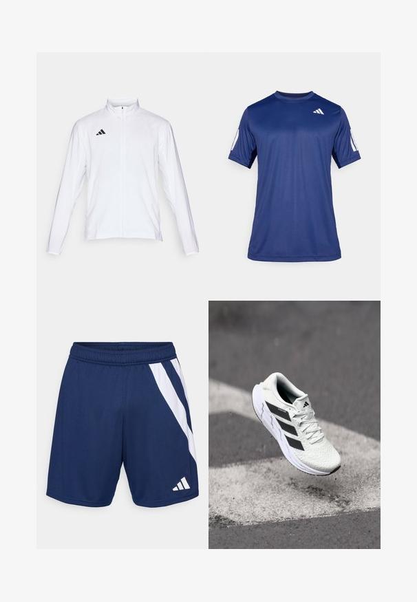 Bijela sportska jakna dugih rukava, s visokim ovratnikom i punim patentnim zatvaračem. Ima crni logo s tri pruge na gornjoj lijevoj strani.; Temno plava kratka majica s kratkim rukavima za sport, izrađena od glatkog materijala, sa okruglim izrezom i bijelim logotipom na gornjem lijevom dijelu grudi.; Mornarsko plave atletske kratke hlače s bijelim dijagonalnim prugama. Izrađene su od lagane tkanine, s elastičnom gumom u struku i detaljem s logotipom.; Bjela atletska cipela s mrežastim gornjim dijelom s teksturom, crnim prugama, vezanjem na vezice i podstavljenim potplatom, lebdi iznad označene ceste.