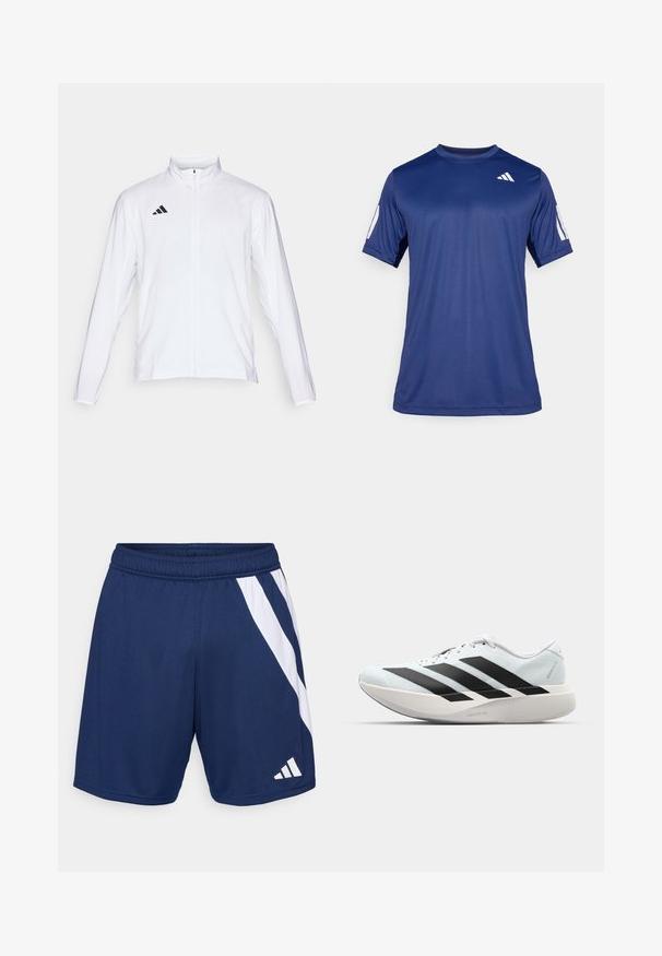 Bijela sportska jakna dugih rukava, s visokim ovratnikom i punim patentnim zatvaračem. Ima crni logo s tri pruge na gornjoj lijevoj strani.; Temno plava kratka majica s kratkim rukavima za sport, izrađena od glatkog materijala, sa okruglim izrezom i bijelim logotipom na gornjem lijevom dijelu grudi.; Mornarsko plave atletske kratke hlače s bijelim dijagonalnim prugama. Izrađene su od lagane tkanine, s elastičnom gumom u struku i detaljem s logotipom.; Lagane tenisice za trčanje u svijetloplavoj boji s crnim trakama. Imaju glatku gornju površinu, okrugli vrh i debeli bijeli srednji sloj označen "LIGHTSTRIKE PRO."