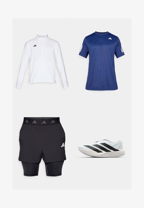 Bela atletska jakna z dolgimi rokavi, visokim ovratnikom in popolnim zadrgo. Ima črn logotip s tremi črtami na zgornji levi strani.; Mornarsko modra kratka športna majica iz gladkega materiala, s krožnim ovratnikom in belim logotipom na zgornjem levem prsnem delu.; Črne športne kratke hlače z notranjim slojem. Texturirana tkanina na zunanjih hlačah, ki vsebuje vzorčasto elastično pas in logotip.; Lahki tekaški čevlji v svetlo modri barvi z belimi črtami. Imajo gladek zgornji del, okroglo kapico in debel bel srednji podplat z označbo "LIGHTSTRIKE PRO."