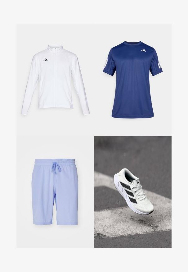 White athletic jacket with long sleeves, high collar, and full-length zipper. Features black three-stripe logo on the upper left side.; Navy blue short-sleeve athletic shirt made of smooth fabric, featuring a crew neck and a white logo detail on the upper left chest.; adidas Performance TENNIS ERGO - Sports shorts - blue spark; White athletic shoe with textured mesh upper, black stripes, lace closure, and a cushioned sole, levitating above a marked road surface.