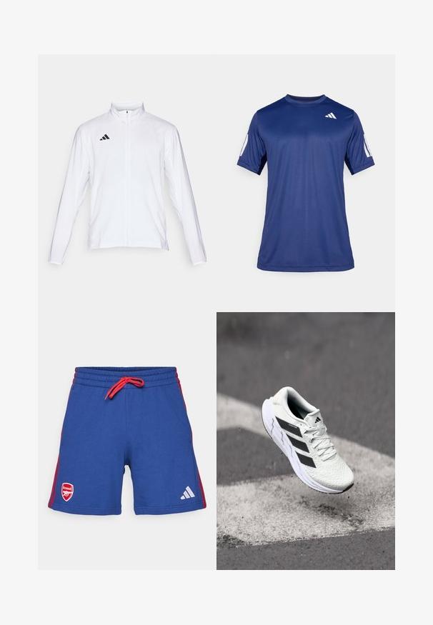 Valge sportlik jakk pikkade varrukatega, kõrge krae ja täispikk lukuga. Omab musta kolme triibu logo vasakul ülal.; Tume sinine lühikeste varrukatega spordisärk, mis on valmistatud siledast kangast, ümmarguse kaelaauguga ja valge logoga vasakul ülemisel rinnaosal.; Sinised spordilühemikud punase paelaga ja külgedel triipudega. Vasakul jalal on Arsenal'i logo ja paremal Adidas'e logo.; Valge spordijalats tekstuurse võrgu pealmise osaga, mustade triipudega, nööriga kinnitamine ja pehmendatud tallaga, levib märgitud teepinna kohal.