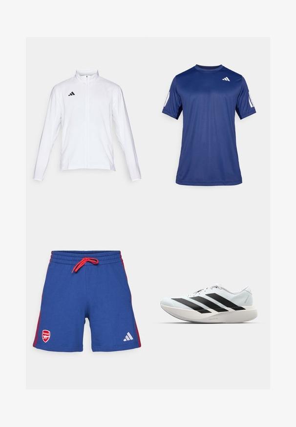 Vit sportjacka med långa ärmar, hög krage och hel dragkedja. Har en svart logotyp med tre ränder på övre vänstra sidan.; Marinblåt kortärmad träningsskjorta i ett mjukt tyg, med rund halsringning och en vit logotypdetalj på övre vänstra bröstet.; Blå idrottsshorts med röd dragsnodd och sidostripes. Har en Arsenal-logga på vänster ben och en Adidas-logga på höger.; Lätta löparskor i ljusblått med svarta ränder. Har en slät ovandel, rund tå och tjock vit mellansula märkt "LIGHTSTRIKE PRO."