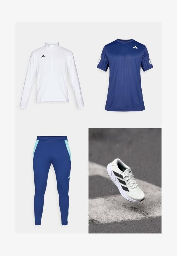 Witte sportjack met lange mouwen, hoge kraag en volledige ritssluiting. Kenmerkt zich door het zwarte drie-streepjeslogo aan de bovenkant aan de linkerkant.; Navyblauw sportshirt met korte mouwen, gemaakt van een gladde stof, met een ronde hals en een wit logodetail op de bovenste linkerborst.; Marineblauwe sportleggings gemaakt van rekbaar materiaal, met lichtblauwe zijpanelen en een aansluitend ontwerp met een smalle enkelboord.; Witte sportschoen met een textuur van mesh, zwarte strepen, vetersluiting en een gevoerde zool, zwevend boven een gemarkeerd wegoppervlak.