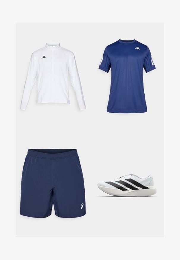 Vit sportjacka med långa ärmar, hög krage och hel dragkedja. Har en svart logotyp med tre ränder på övre vänstra sidan.; Marinblåt kortärmad träningsskjorta i ett mjukt tyg, med rund halsringning och en vit logotypdetalj på övre vänstra bröstet.; Marinblå träningsshorts med resårmidja, slät syntetisk tyg och en vit logotypaccent på nedre vänstra sidan.; Lätta löparskor i ljusblått med svarta ränder. Har en slät ovandel, rund tå och tjock vit mellansula märkt "LIGHTSTRIKE PRO."