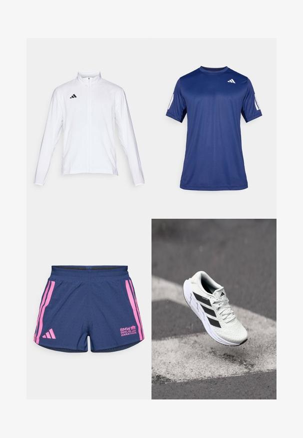 Balta sportinė striukė ilgomis rankovėmis, aukštu kaklu ir pilnu užtrauktuku. Viršutiniame kairiajame kampe yra juodas trijų juostelių logotipas.; Tamsiai mėlyna trumpa rankovė sportinė marškinė, pagaminti iš lygios medžiagos, su apvalia iškirpte ir balto logo detale viršutiniame kairiajame krūtinės kampe.; adidas Performance BER25 SPLIT SHORT - Sportiniai šortai - collegiate navy; Balti sportiniai batai su tekstūruota tinkleliu viršuje, juodomis juostelėmis, su raištelių uždarymu ir paminkštintu padu, kabo virš pažymėtos kelio dangos.