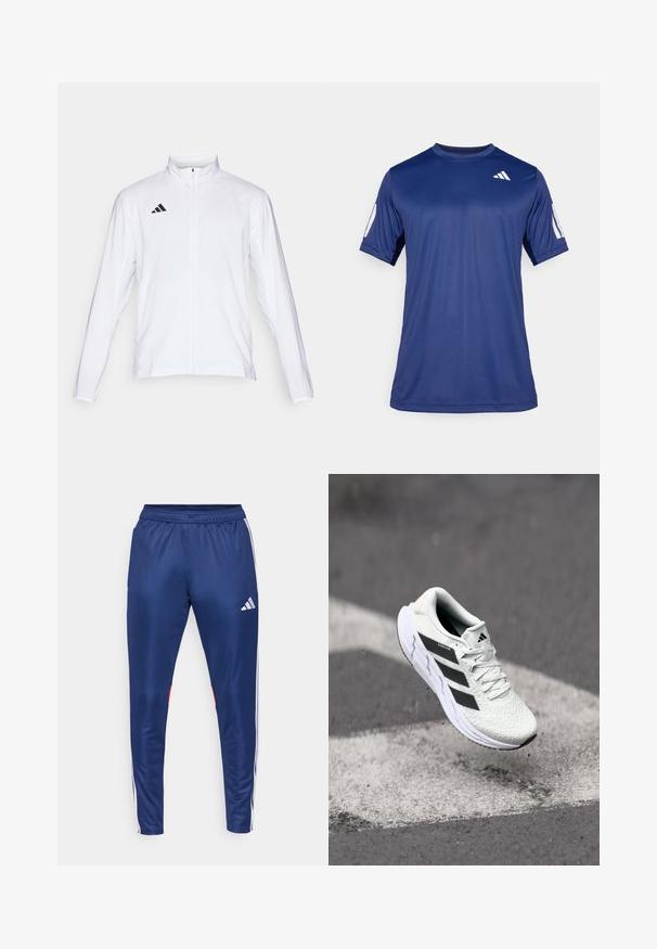 Valge sportlik jakk pikkade varrukatega, kõrge krae ja täispikk lukuga. Omab musta kolme triibu logo vasakul ülal.; Tume sinine lühikeste varrukatega spordisärk, mis on valmistatud siledast kangast, ümmarguse kaelaauguga ja valge logoga vasakul ülemisel rinnaosal.; Tumedad spordipüksid, mis on valmistatud sujuvast materjalist, valgete külgteenustega, elastse vöökoha ja punase aktsendiga alumisel äärel.; Valge spordijalats tekstuurse võrgu pealmise osaga, mustade triipudega, nööriga kinnitamine ja pehmendatud tallaga, levib märgitud teepinna kohal.