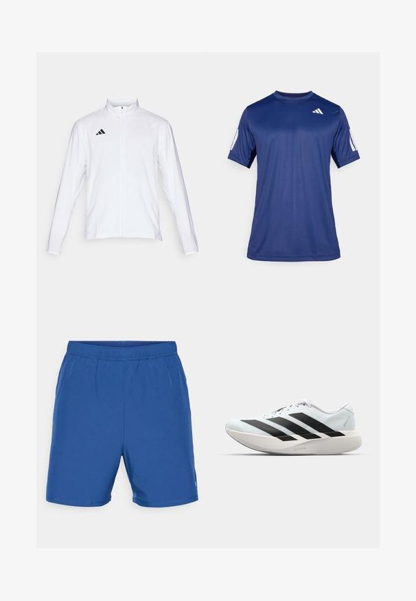 Casaco atlético branco com mangas longas, gola alta e fecho de correr completo. Apresenta o logo preto de três riscas no lado superior esquerdo.; Camisola atlética de manga curta azul marinho, feita de tecido suave, com decote redondo e um detalhe do logótipo branco na parte superior esquerda do peito.; Calções atléticos azuis feitos de tecido leve. Apresentam uma cintura elástica e um design simples e liso, sem padrões ou acentos visíveis.; Tênis de corrida leves em azul pálido com riscas pretas. Apresentam um cabedal liso, bico redondo e uma entressola espessa branca rotulada como "LIGHTSTRIKE PRO."