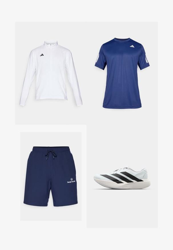 Valge sportlik jakk pikkade varrukatega, kõrge krae ja täispikk lukuga. Omab musta kolme triibu logo vasakul ülal.; Tume sinine lühikeste varrukatega spordisärk, mis on valmistatud siledast kangast, ümmarguse kaelaauguga ja valge logoga vasakul ülemisel rinnaosal.; Tumed sinised spordishortsid, millel on elastne vöökoht, nöör ja valged külgdetailid. Vasakul reiel on logo.; Kerged jooksujalatsid helesinises värvuses mustade triipudega. Omavad siledat pealispinda, ümarat varvase osa ja paksu valget vahemõõtu, millel on silt "LIGHTSTRIKE PRO".