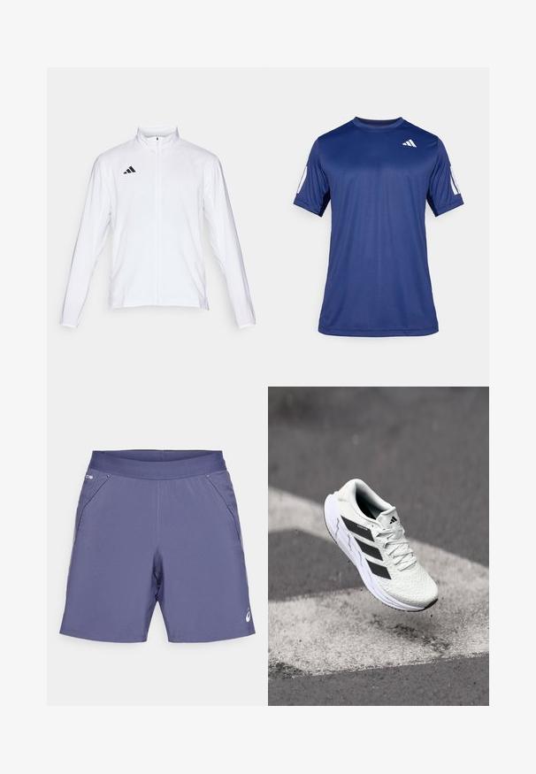 Hvit sportsjakke med lange ermer, høy krage og hel glidelås. Har svart tre-stripes logo på øvre venstre side.; Marineblå, kortermet treningstrøye laget av glatt stoff, med rund hals og en hvit logodetalj på øverste venstre bryst.; Menns idrettsshorts i mørk lilla, laget av lettvektig stoff. Har sidelommer og en logo på nederste kant. glatt tekstur.; Hvit sportsko med teksturert mesh-overdel, svarte striper, snøring og en polstret såle, svevende over en markert veidoverflate.