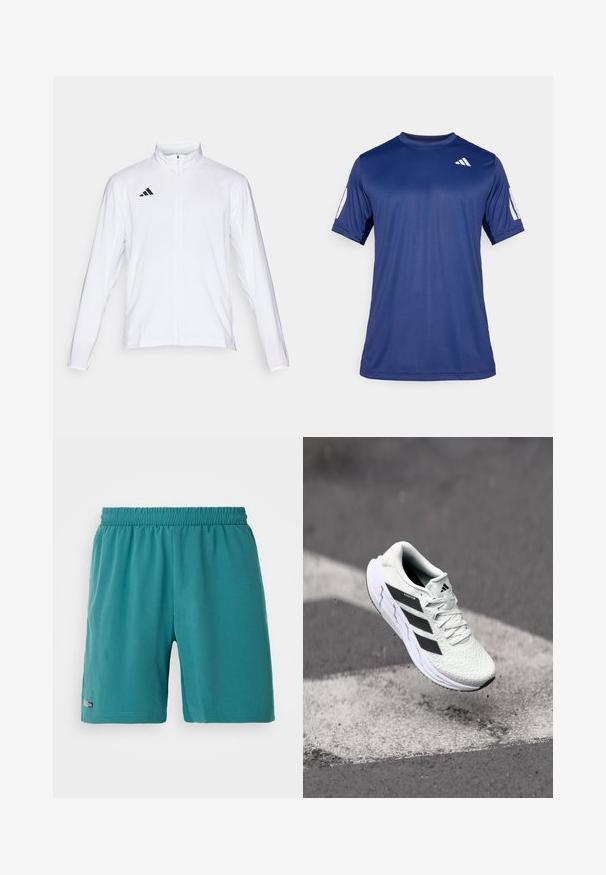 Weiße Sportjacke mit langen Ärmeln, hohem Kragen und durchgehendem Reißverschluss. Mit schwarzem Drei-Streifen-Logo auf der oberen linken Seite.; Marineblaue kurzärmelige Sportshirt aus glattem Material, mit Rundhalsausschnitt und einem weißen Logodetail auf der oberen linken Brust.; Türkise Sportshorts mit elastischem Bund und einem kleinen "Climacool"-Etikett nahe dem Saum am linken Bein, auf einem weißen Hintergrund präsentiert.; Weiße Sportschuh mit strukturiertem Mesh-Obermaterial, schwarzen Streifen, Schnürverschluss und gepolstertem Sohlen, schwebt über einer markierten Straßenoberfläche.