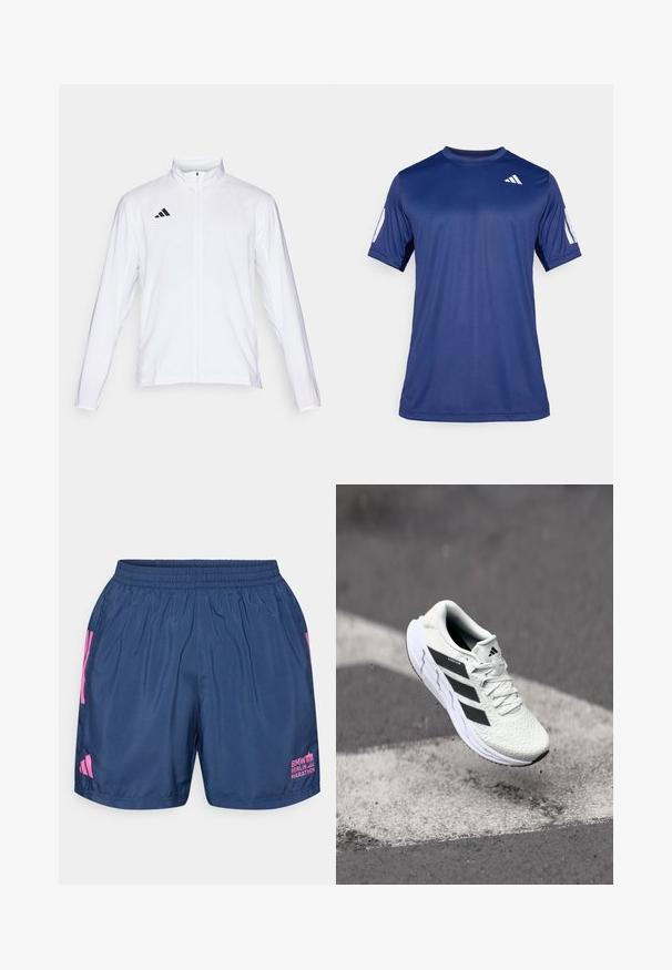 Chaqueta atlética blanca con mangas largas, cuello alto y cremallera completa. Presenta el logotipo de tres franjas en negro en la parte superior izquierda.; Camisa atlética de manga corta en azul marino, fabricada con un tejido suave, que presenta un cuello redondo y un detalle de logo blanco en la parte superior izquierda del pecho.; adidas Performance BER25 SHORT - Pantalón corto de deporte - collegiate navy; Zapatilla deportiva blanca con parte superior de malla texturizada, rayas negras, cierre de cordones y suela acolchada, levitando sobre una superficie de carretera marcada.