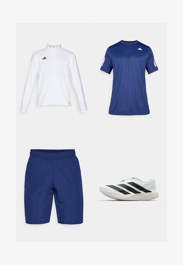 Fehér sportdzseki hosszú ujjal, magas gallérral és teljes hosszúságú cipzárral. A bal felső oldalon fekete háromcsíkos logó található.; Tengerészkék, rövid ujjú, sportos póló sima anyagból, kerek nyakkivágással, a bal felső mellrészen fehér logó részlettel.; Sötétkék sportnadrág, texturált anyagból készült, rugalmas derékkal és egy kis logóval az oldalon.; Világoskék, fekete csíkos könnyű futószerek. Simább felső résszel, kerek orral és vastag fehér középtalppal, amelyen a "LIGHTSTRIKE PRO" felirat olvasható.