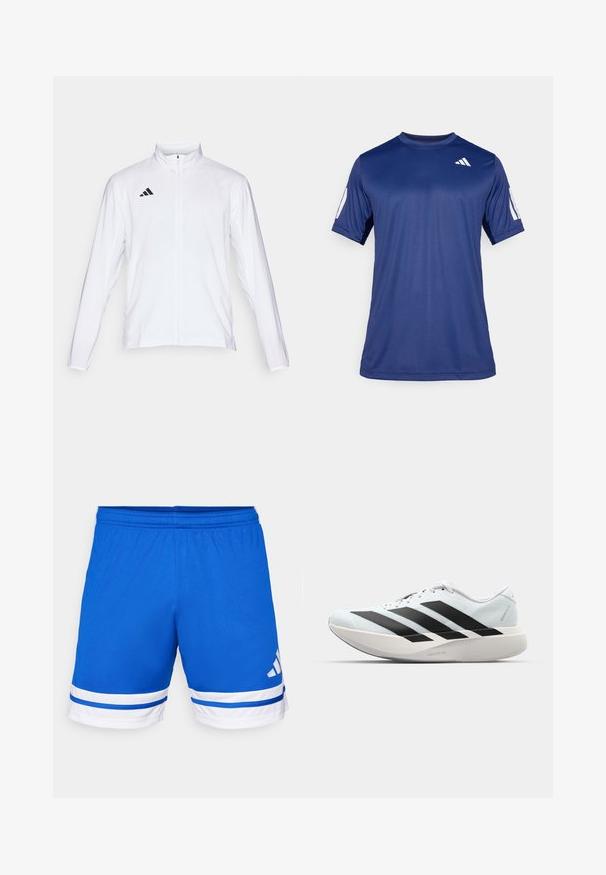 Casaco atlético branco com mangas longas, gola alta e fecho de correr completo. Apresenta o logo preto de três riscas no lado superior esquerdo.; Camisola atlética de manga curta azul marinho, feita de tecido suave, com decote redondo e um detalhe do logótipo branco na parte superior esquerda do peito.; Calções desportivos azuis feitos de tecido leve, com bainhas listradas em branco, uma cintura elástica e um logótipo no lado inferior direito.; Tênis de corrida leves em azul pálido com riscas pretas. Apresentam um cabedal liso, bico redondo e uma entressola espessa branca rotulada como "LIGHTSTRIKE PRO."