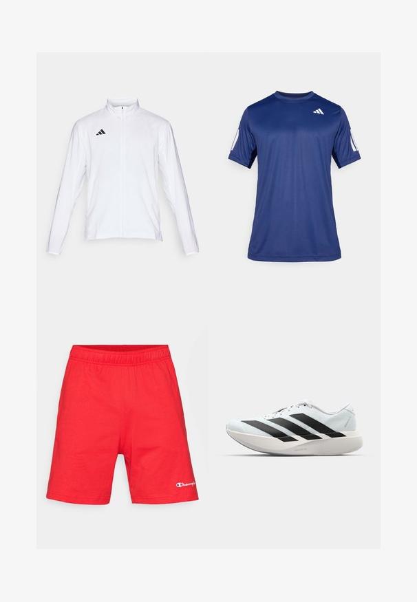 Λευκό αθλητικό μπουφάν με μακριά μανίκια, ψηλό γιακά και φερμουάρ σε όλο το μήκος. Περιέχει το μαύρο λογότυπο με τρεις λωρίδες στην πάνω αριστερή πλευρά.; Ναυτικό μπλε αθλητικό μπλουζάκι κοντού μανικιού φτιαγμένο από λείο ύφασμα, με στρογγυλή λαιμόκοψη και ένα λευκό λογότυπο στο πάνω αριστερό μέρος του στήθους.; Κόκκινα βαμβακερά σόρτς με ελαστική μέση και λεπτομέρειες λογότυπου στην κάτω αριστερή πλευρά. Λείο ύφασμα, μήκους έως γόνατο.; Ελαφριά αθλητικά παπούτσια τρεξίματος σε ανοιχτό μπλε με μαύρες ρίγες. Διαθέτουν λείο άνω μέρος, στρογγυλή μύτη και παχύ λευκό ενδιάμεσο πέλμα που φέρει την ετικέτα "LIGHTSTRIKE PRO."