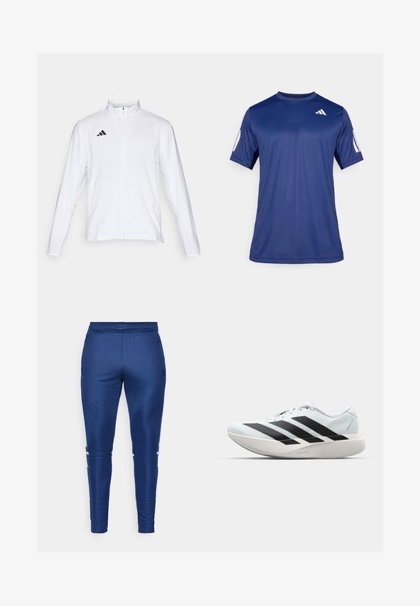 Balta sporta jaka ar garām piedurknēm, augstu apkakli un pilna garuma rāvējslēdzēju. Uz augšējās kreisās puses ir melna trīslīniju logo.; Navy zila īsām piedurknēm sporta krekls, kas izgatavots no gludas auduma, ar apaļu kakla izgriezumu un baltu logotipa detaļu kreisajā augšējā krūtīs.; Jūras spēku sporta bikses ar gludu, glītu tekstūru, ar baltām sānu svītrām, elastīgu vidukli un sašaurināta piegriezuma dizainu.; Gaiši zili vieglie skriešanas apavi ar melniem svītrainiem. Iezīmēti ar gludu augšpusi, apaļu purngalu un biezāko balto vidējo zoli, kurā ir uzraksts "LIGHTSTRIKE PRO."